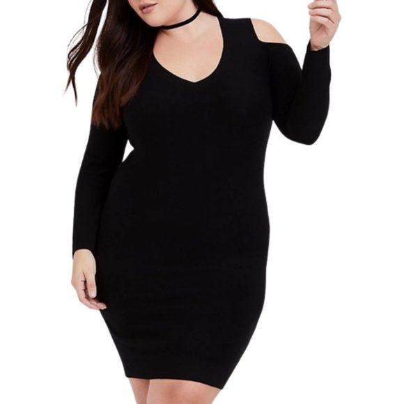 torrid Dresses & Skirts - Torrid Cold Shoulder Ribbed V-Neck Mini Sweater Dress Black Plus Size 2X